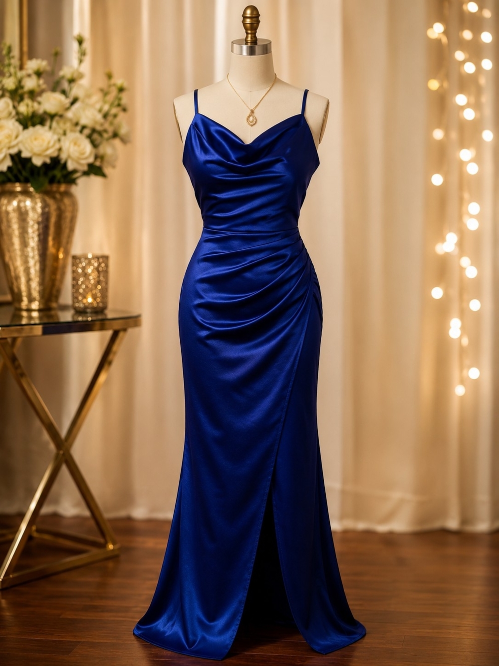 B Darlin Royal Blue Satin Cowl Neck Evening Gown